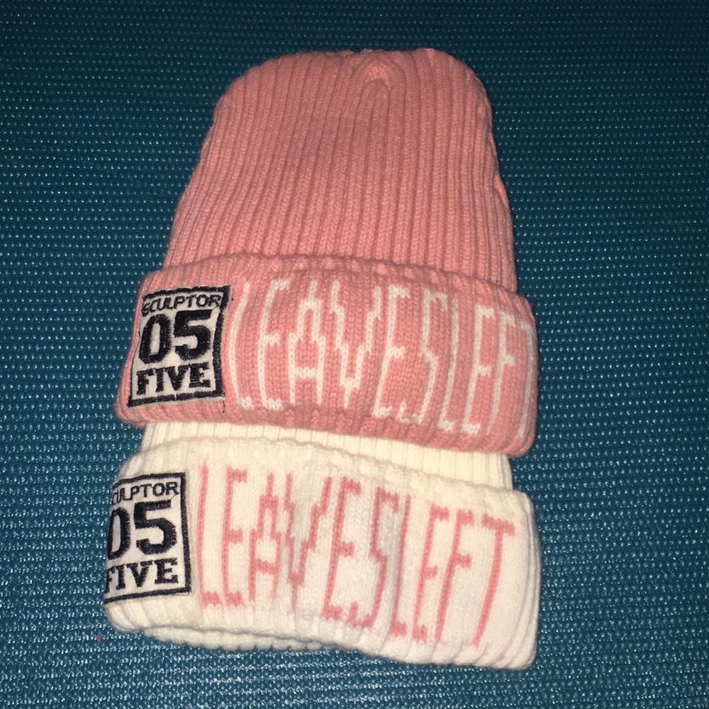 white and pink knitted hat
